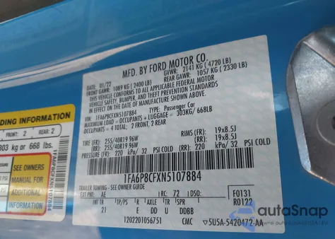 2022 Ford Mustang Gt Fastback из США, поврежденный, VIN 1FA6P8CFXN5107884